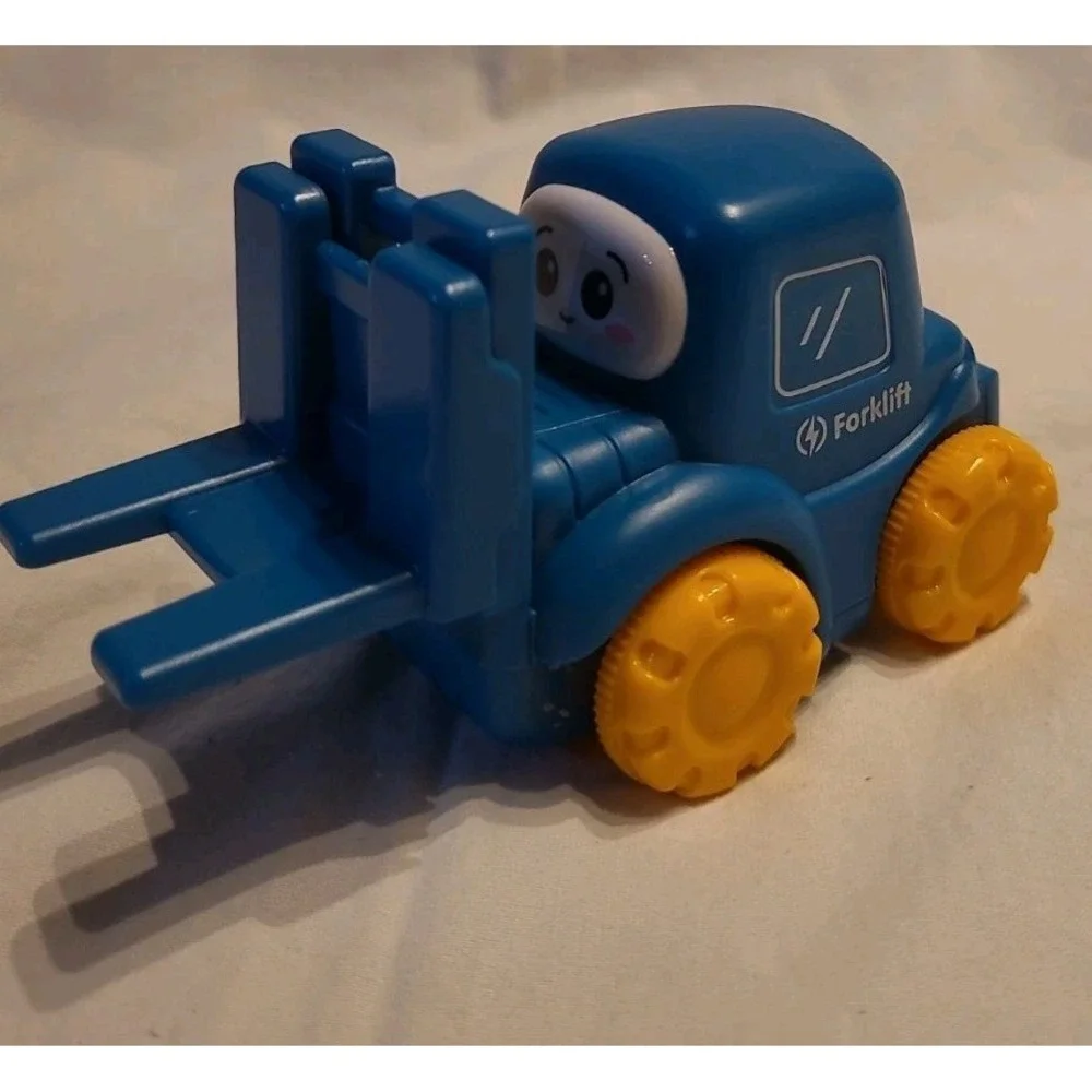 Blue‎ Toy Forklift Construction Vehicle with Yellow Wheels and Animated Face